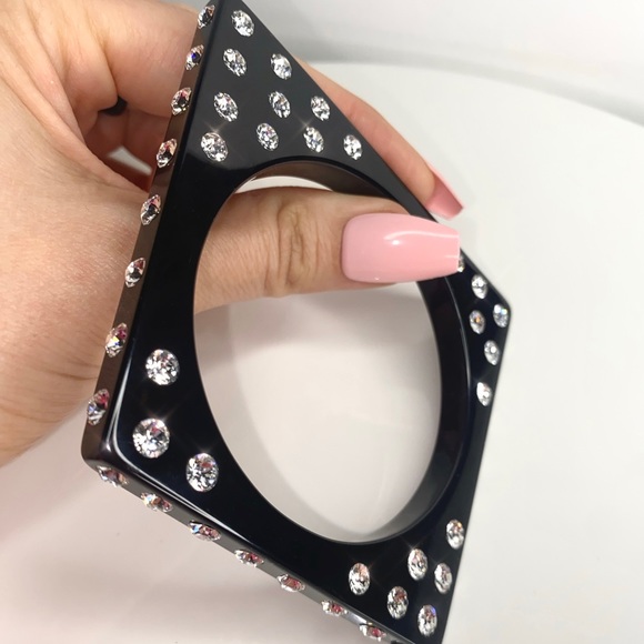 Black Acrylic Bangle Bracelet, Geometric Shaped, Swarovski Crystal Rhinestones - Picture 4 of 14